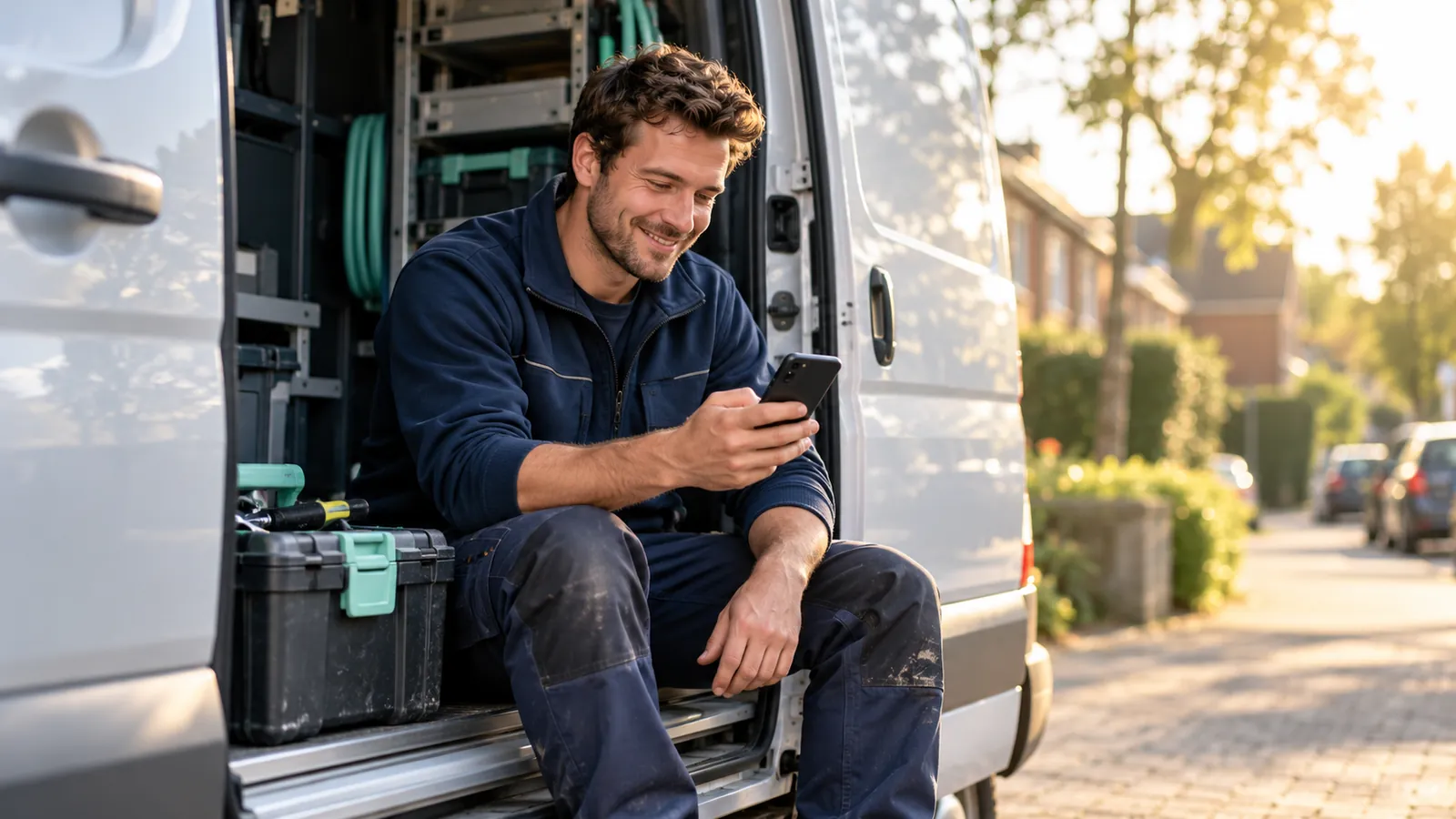 Installateur in de deur van zijn bedrijfsbus kijkt tevreden naar zijn telefoon