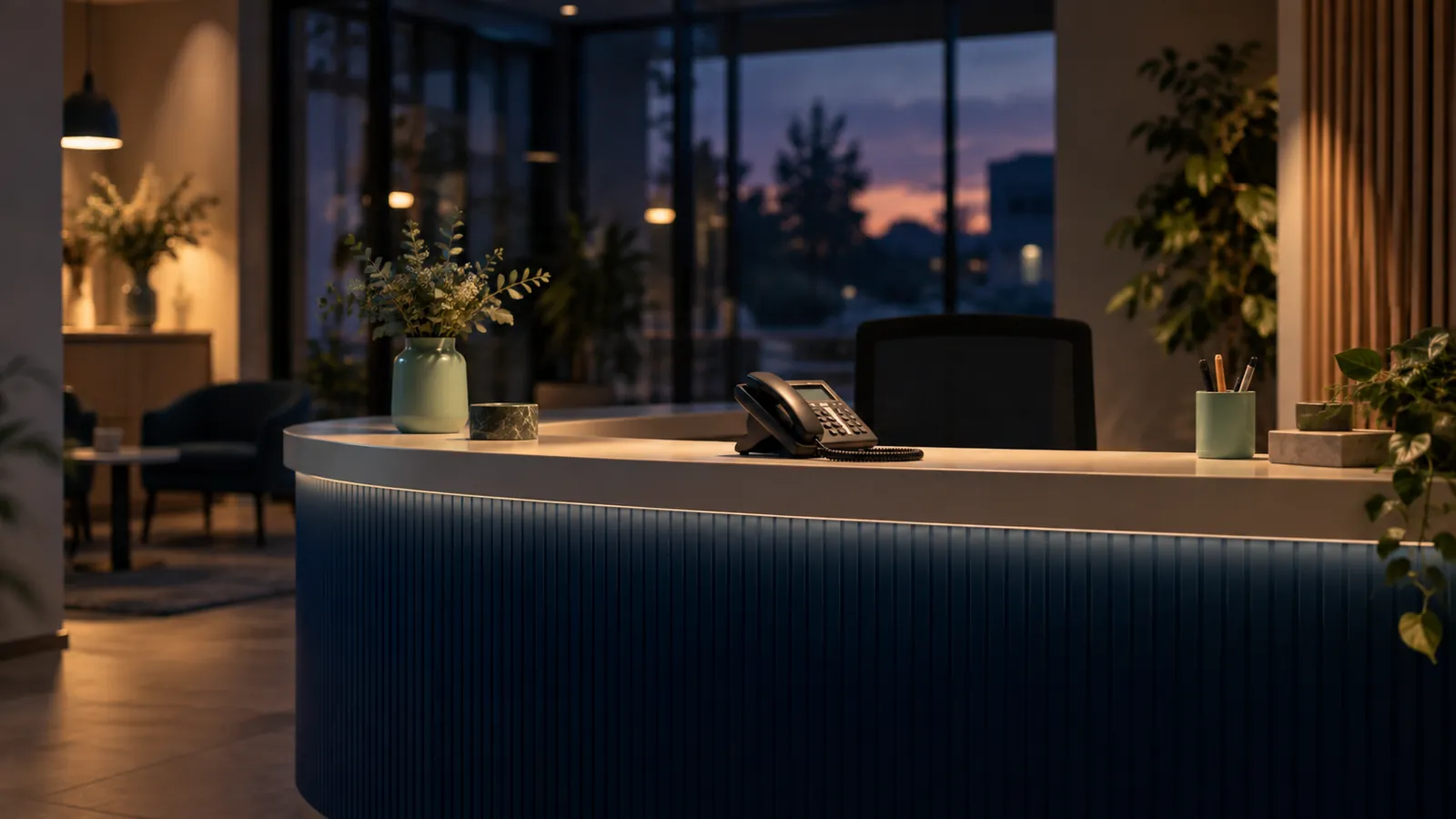 Lege receptiebalie na sluitingstijd met de telefoon op de balie