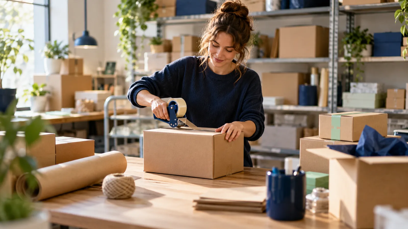 Web shop packing table with boxes, someone sealing a parcel