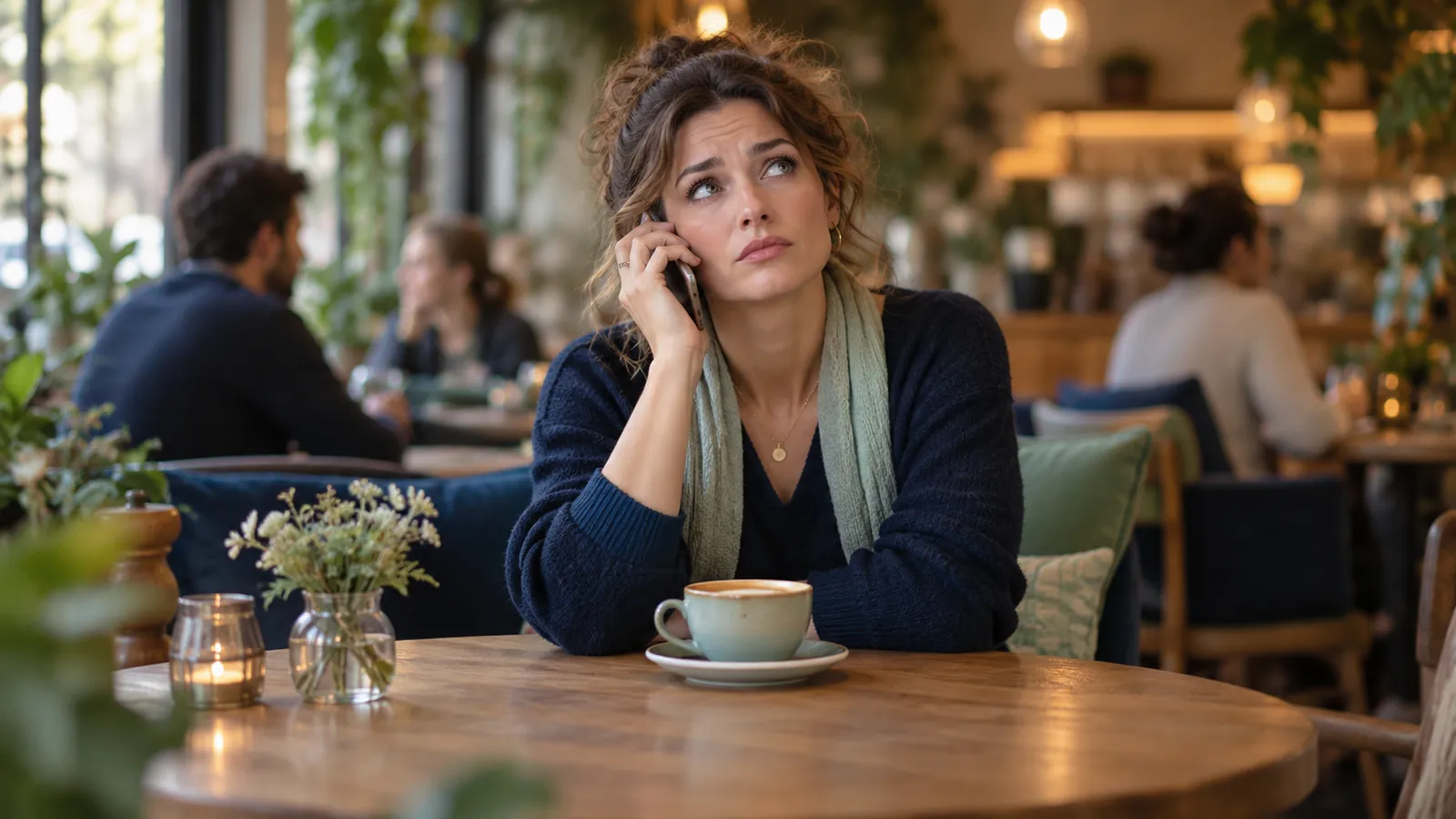 Woman in a café with her phone to her ear, waiting with mild irritation