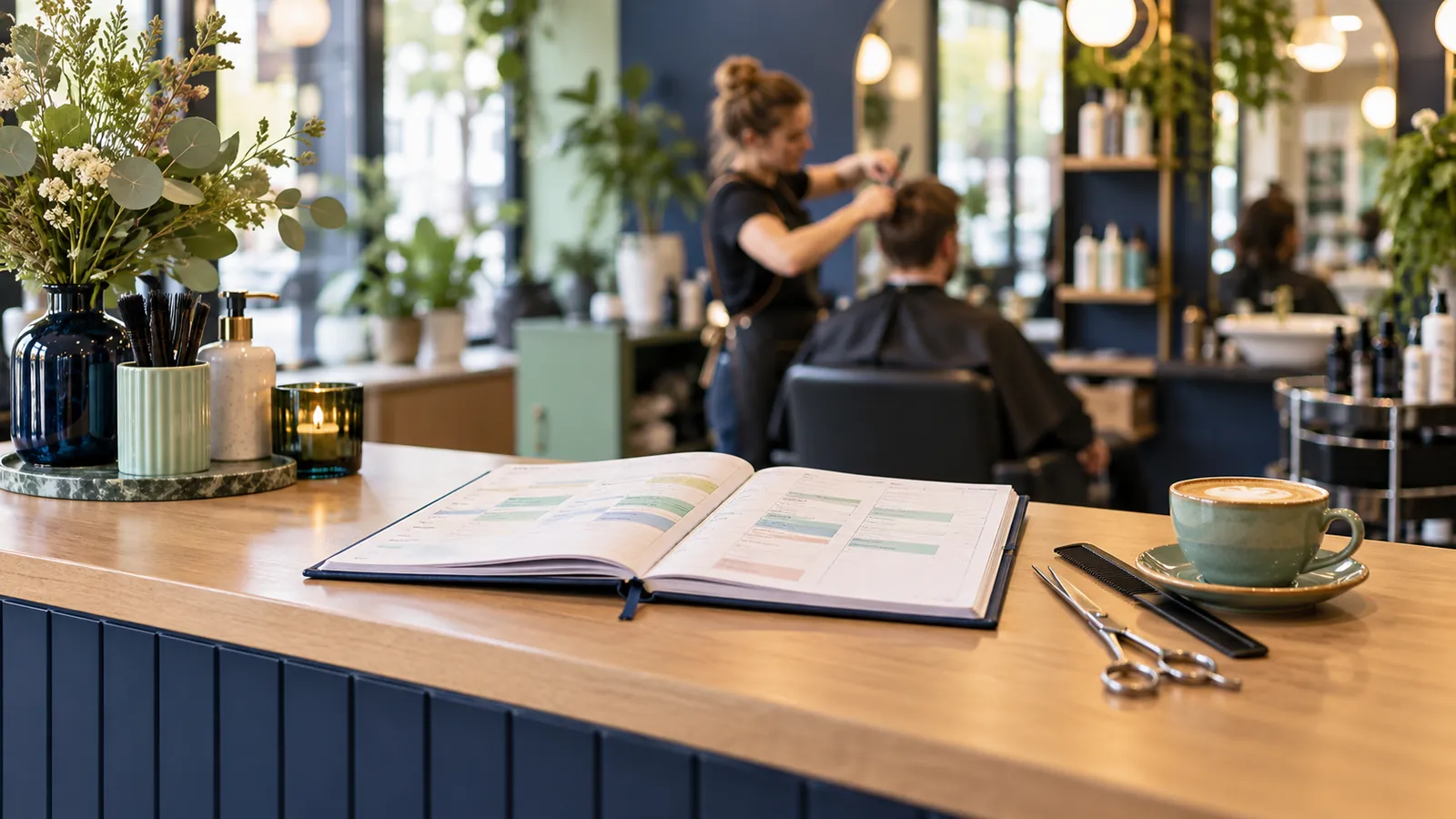Afsprakenboek op de balie van een kapsalon, met op de achtergrond een kapper aan het werk