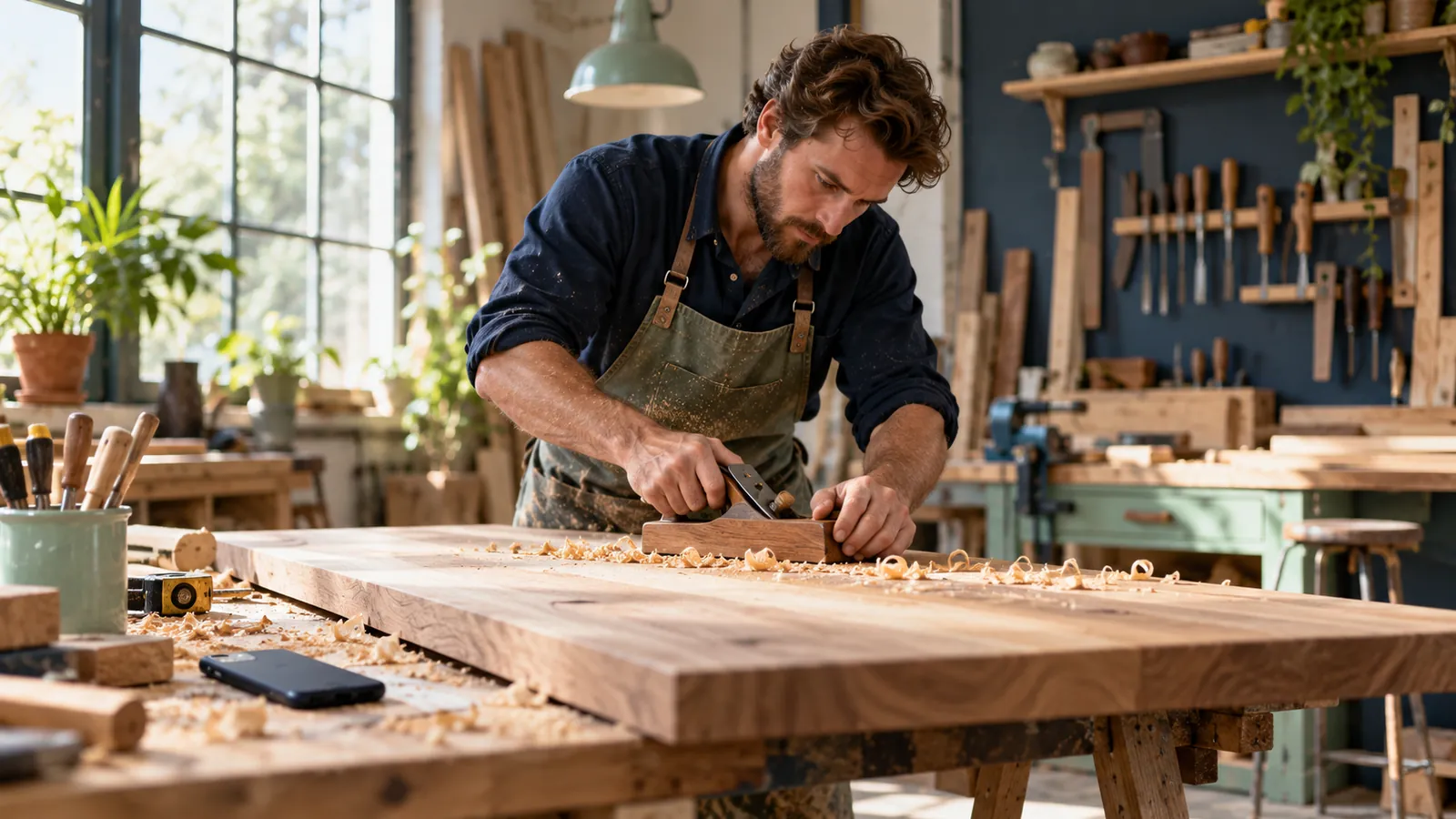 Self-employed furniture maker at work, his phone face down on the workbench